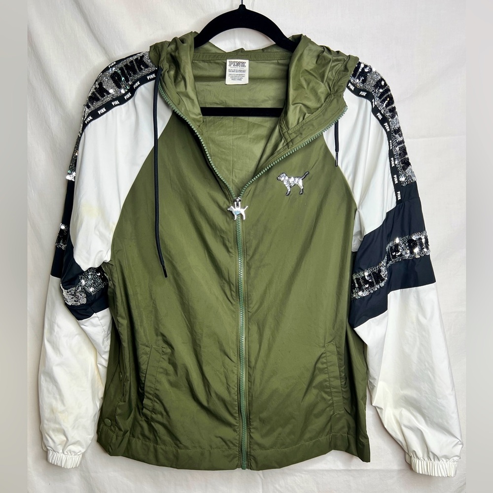 VS Pink Bling Blingy Windbreaker Zip Up Hoodie XS Green White Dog Sequins
